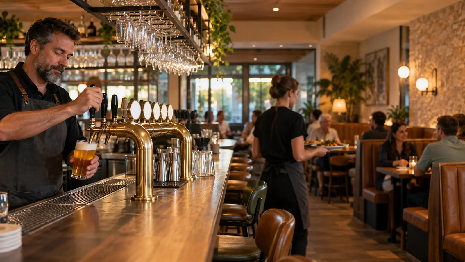 A pub bar mid-service, beer poured to order while the floor keeps moving.