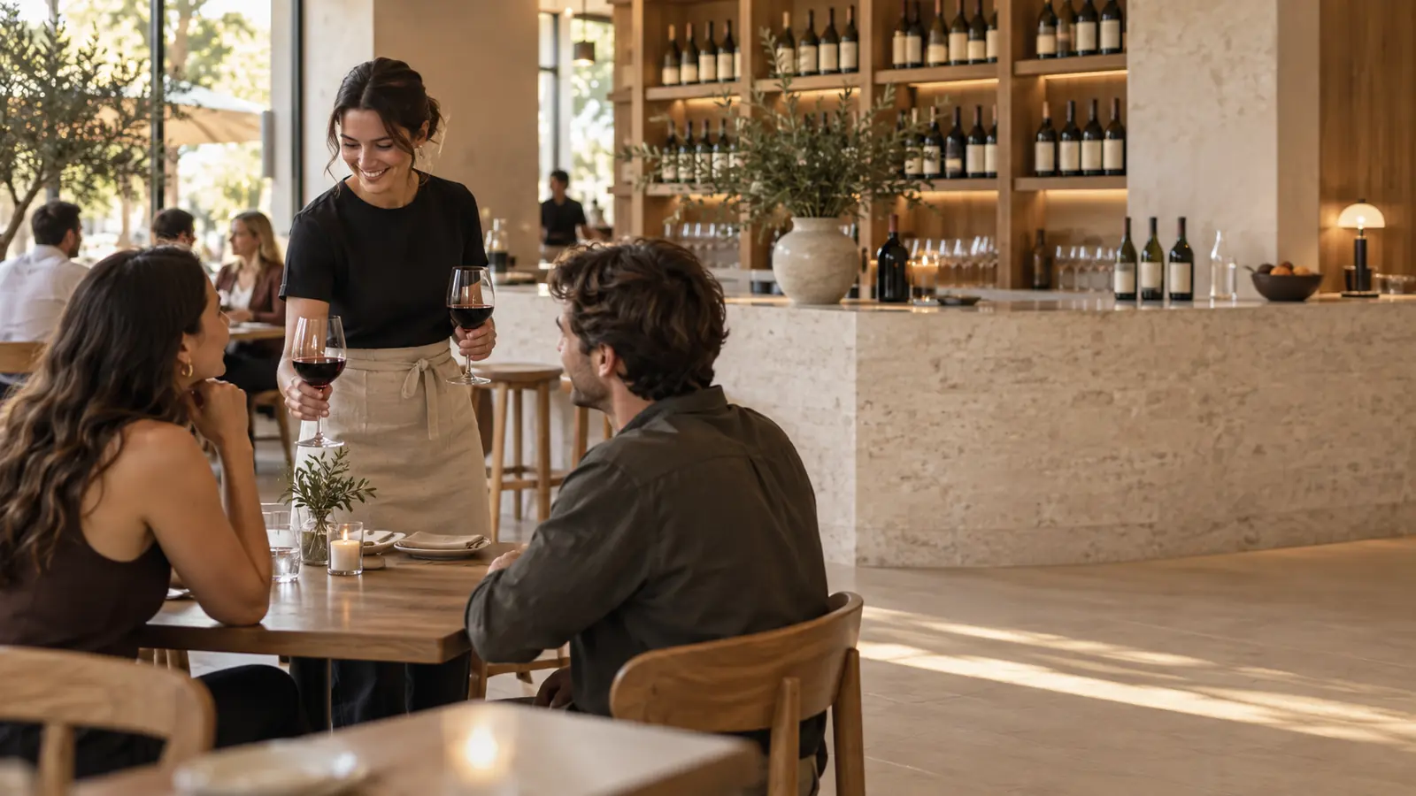A wine bar counter with bottles by the glass and a terminal at the pass.