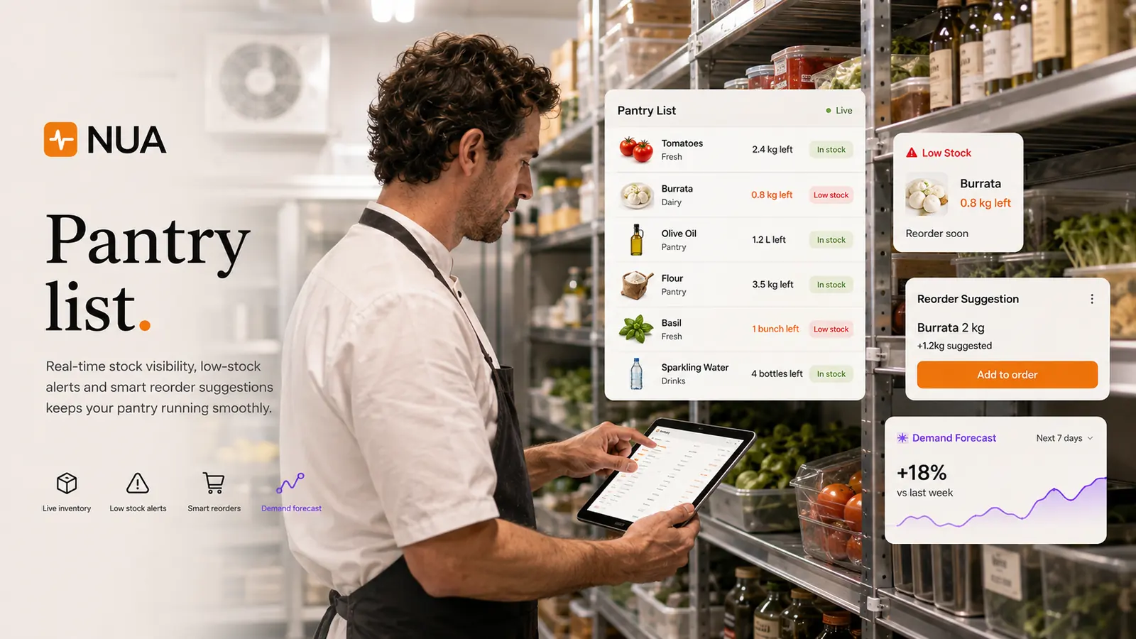 A stockroom shelf alongside an inventory screen showing current counts.