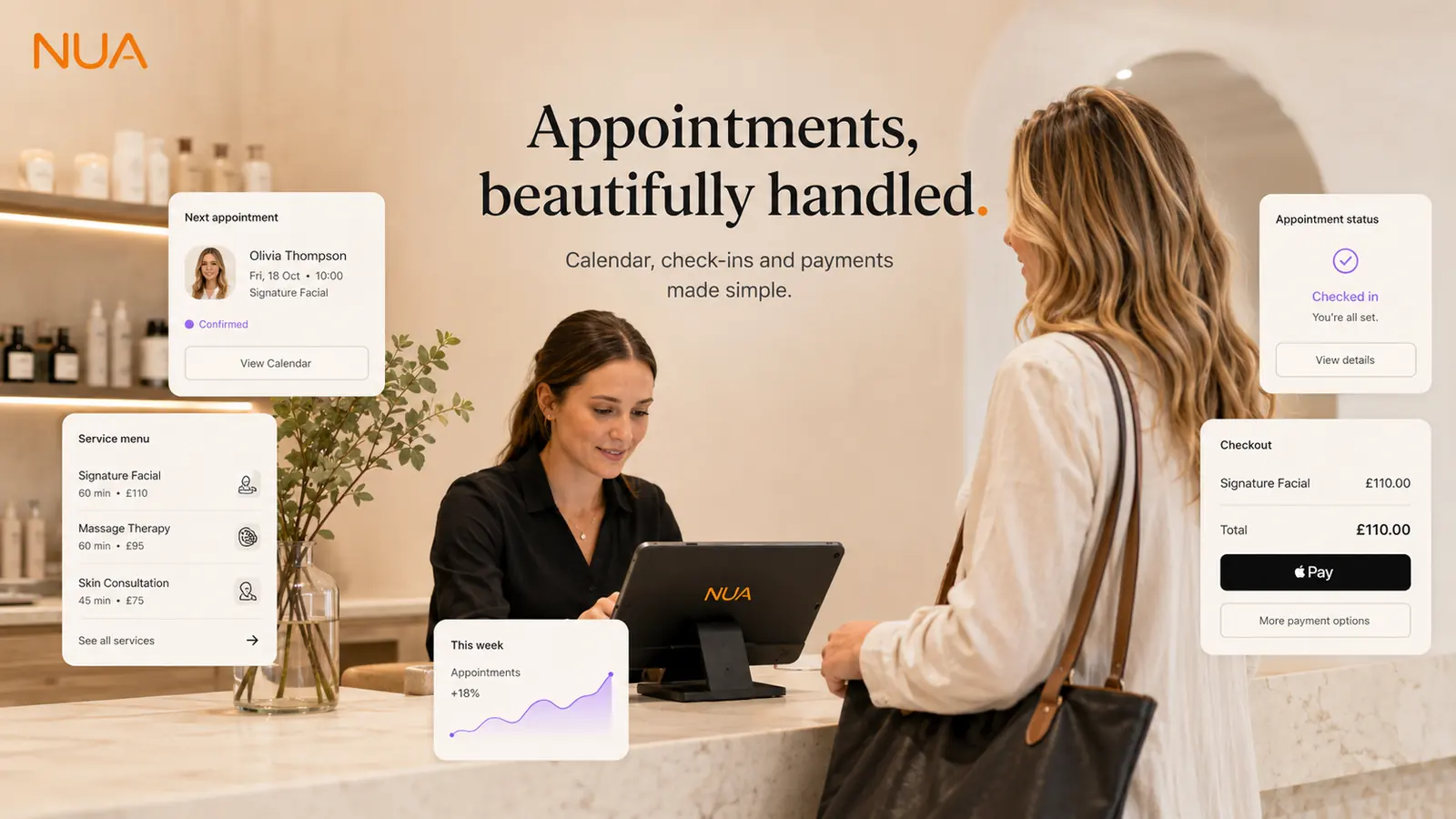 A calm reception desk with the day's appointments shown on screen as a client arrives.