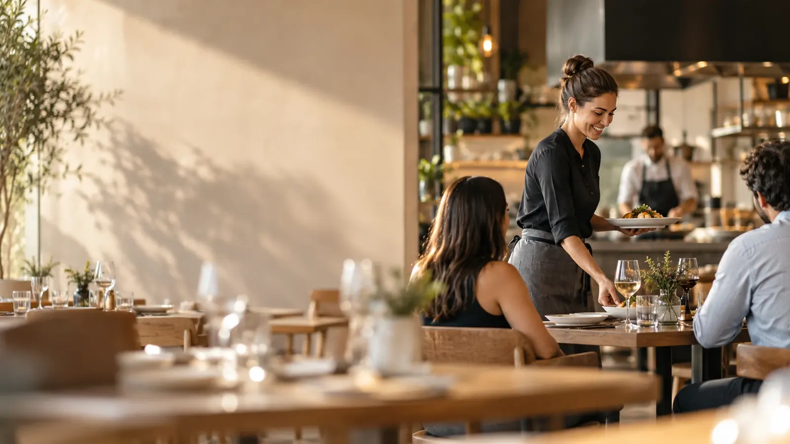 A server carrying two plates to a table in a sunlit dining room, with the open kitchen working behind her.